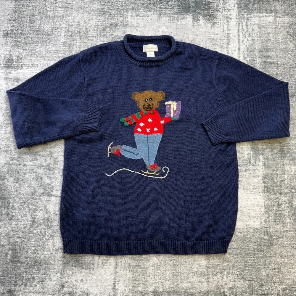 VTG Christmas Sweater Womens Large Blue Teddy Bear‎ Skating Roll Neck 90s Party